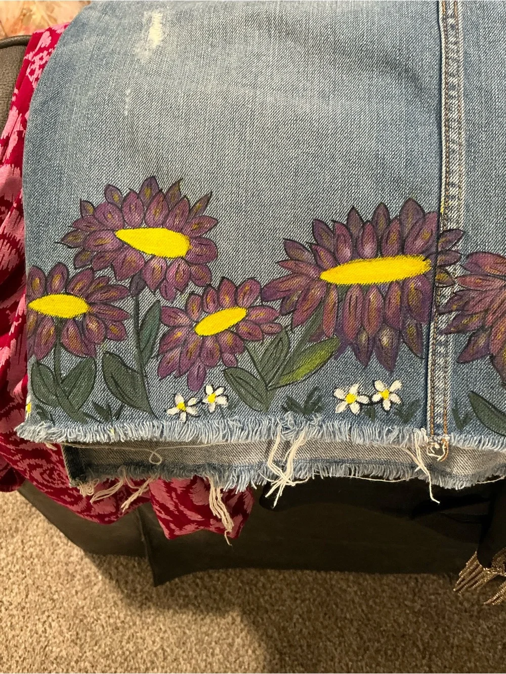 UPCYCLED LOFT Denim Mini Skirt with HANDPAINTED Purple & Yellow Floral Border